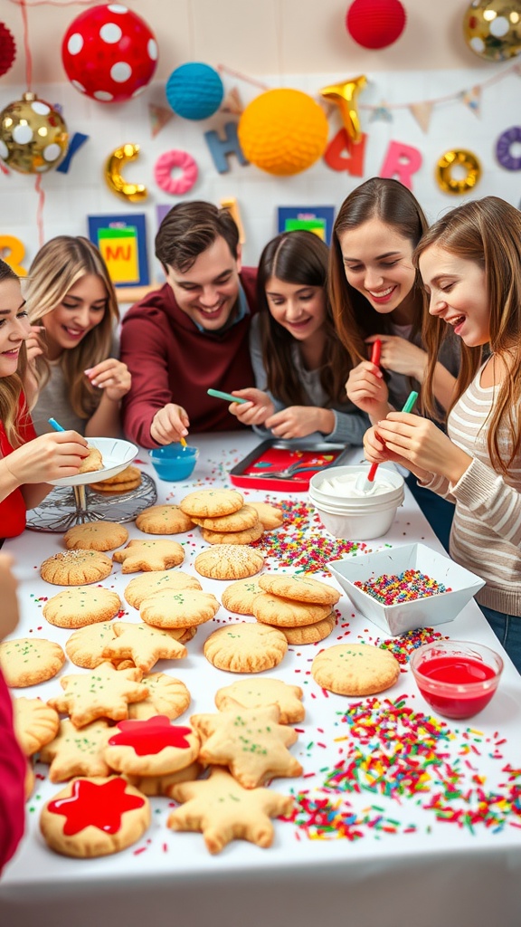 A colorful cookie decorating table with cookies, icing, and sprinkles, capturing the joy of a festive party.
